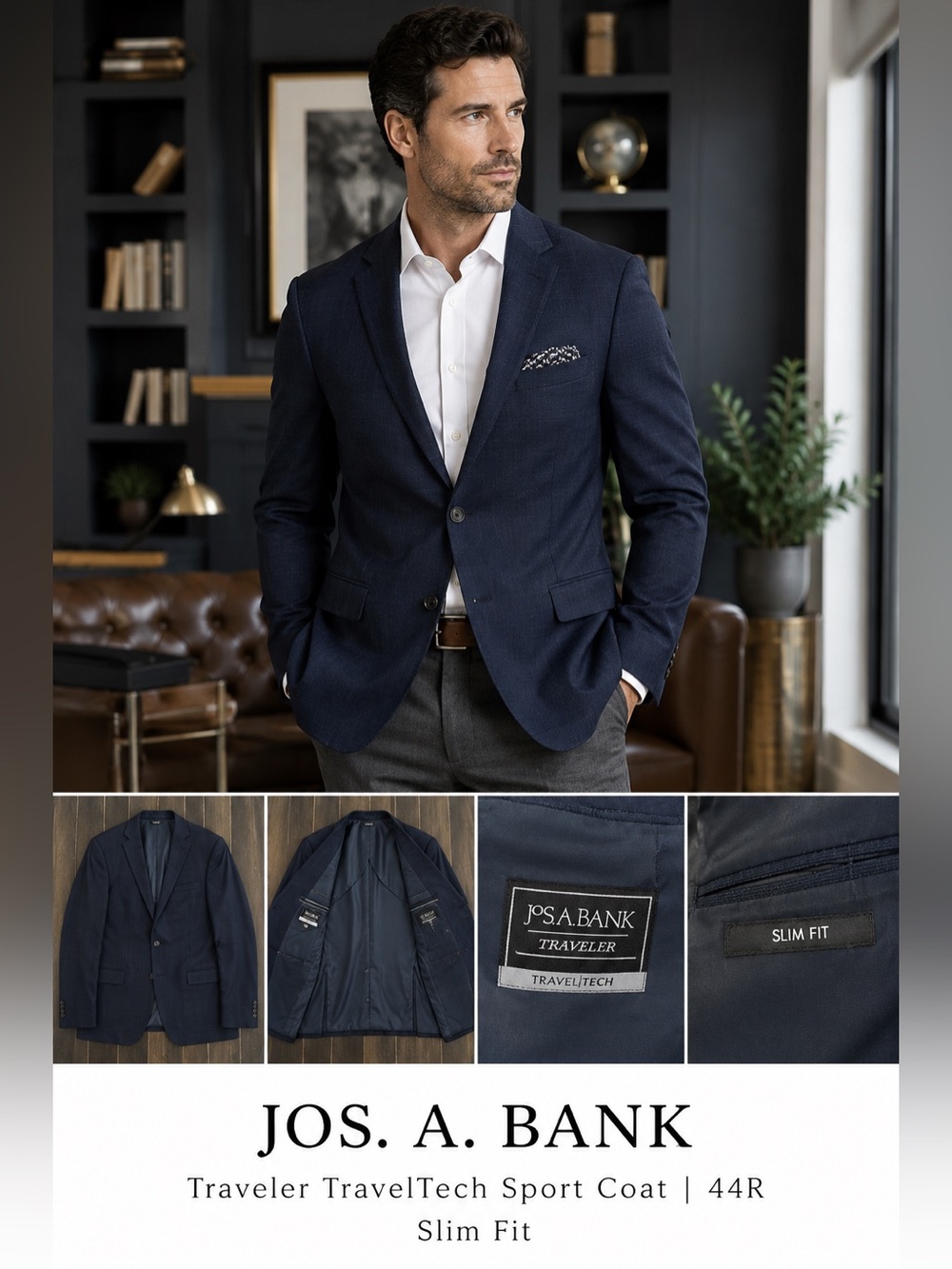 Jos. A. Bank Traveler TravelTech 44R Slim Fit Navy Wool Sport Coat Blazer